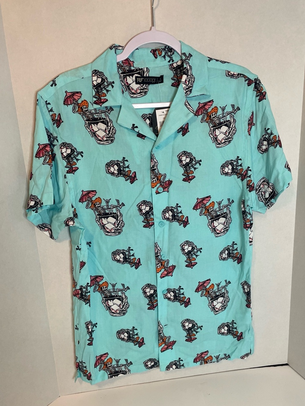 RF Brand Mens Teal Blue Collared Skeleton Cocktail On Rocks Button Up Shirt S